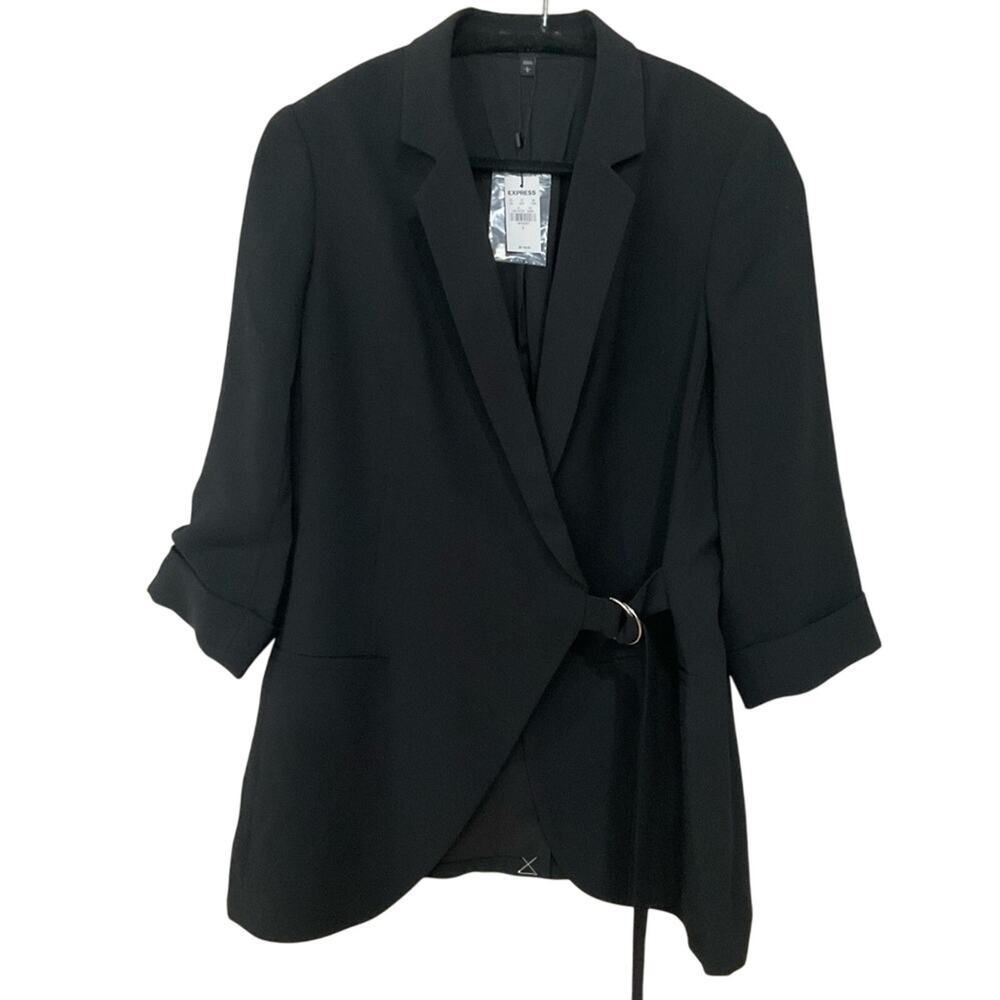 Express Women’s Blazer Wrapped Belt Padded Shoulders Black Size Large NWT